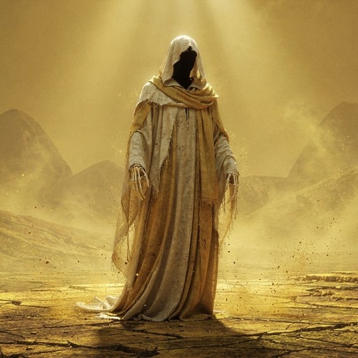 A hooded figure with skeletal hands stands in a golden desert wearing tattered robes.