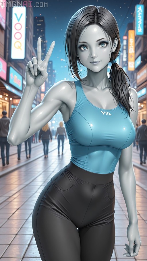 A grey-skinned anime-style woman with blue eyes and a ponytail makes a peace sign on a city street at night, wearing a blue tank top and black pants.