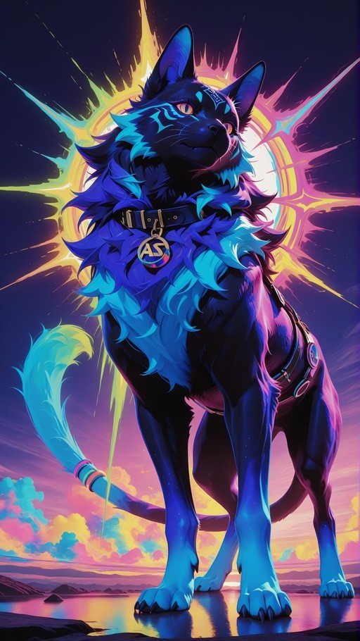 A stylized digital illustration of a large blue cat with a glowing cyan mane and tail tip, wearing a collar and belt, standing in shallow water against a vibrant sunset sky.