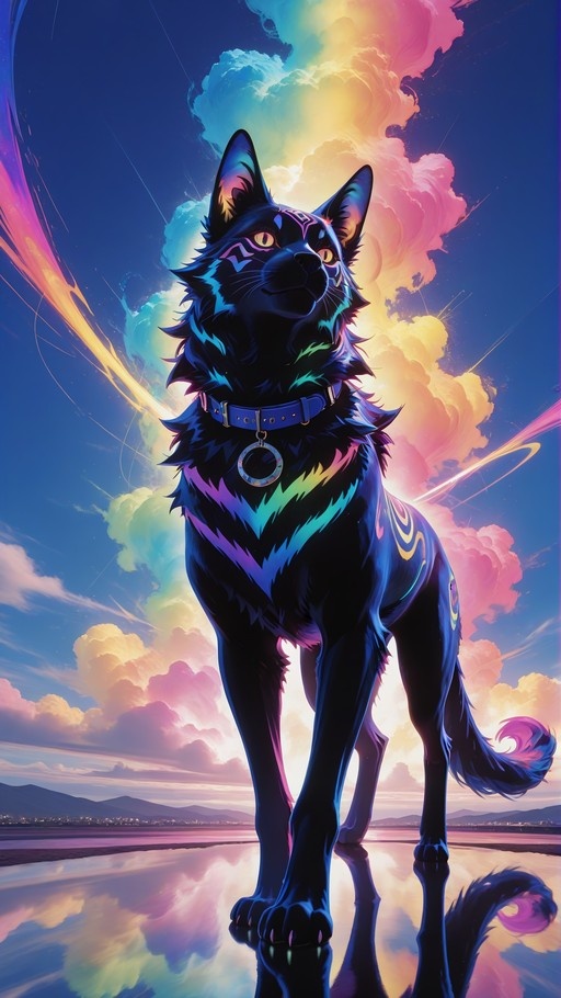 A stylized black cat with glowing yellow eyes and iridescent fur stands in shallow water, wearing a collar with a ring tag against a vibrant sky with pink and blue clouds.