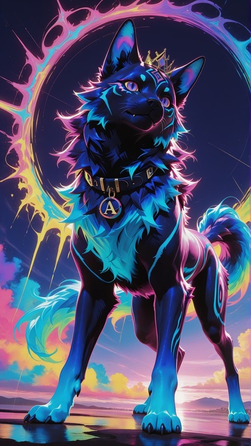 A full-body digital illustration of a blue-furred anthropomorphic wolf wearing a golden crown and a collar with an 'A' tag, standing against a colorful sunset sky.