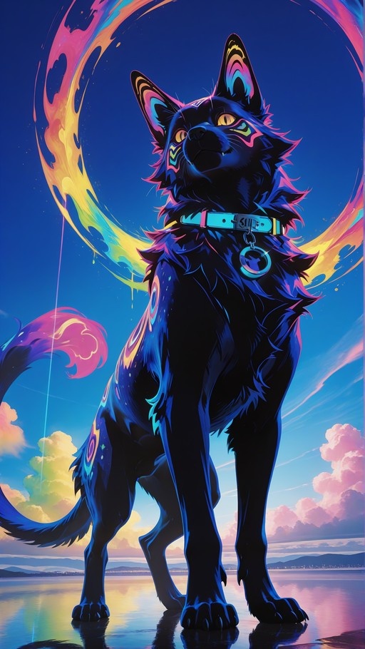 A full-body view of a stylized black animal with yellow eyes and colorful face markings standing in shallow water under a swirling rainbow ring against a blue sky.
