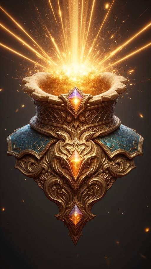 A close-up of an ornate golden fantasy artifact with blue scales and three glowing gems, emitting bright light from its top against a black background.