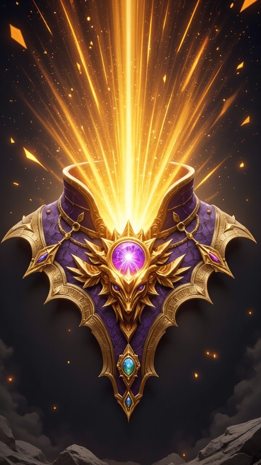 A detailed fantasy breastplate with a golden dragon head and a glowing purple gem emitting bright light rays against a dark sky.