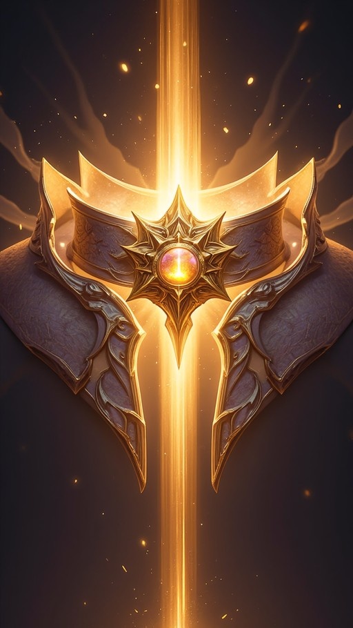 A vertical beam of bright golden light shines through an ornate piece of fantasy armor with a glowing star-shaped gem on the chest plate, surrounded by floating embers against a dark background.