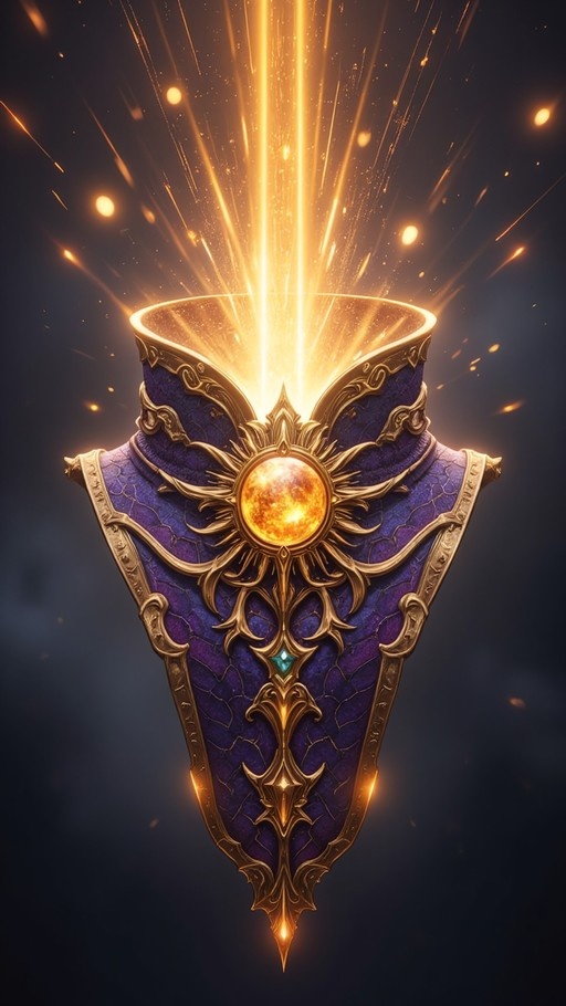 An ornate fantasy shield with a purple textured surface and gold trim features a central sun emblem and emits bright golden light from its top rim against a dark background.