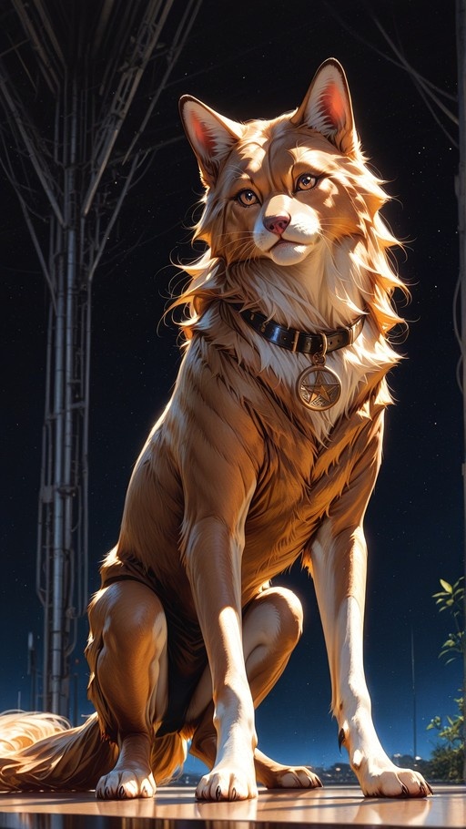 A golden-furred dog sitting on a surface at night, wearing a collar with a star pendant, under a starry sky with power lines.