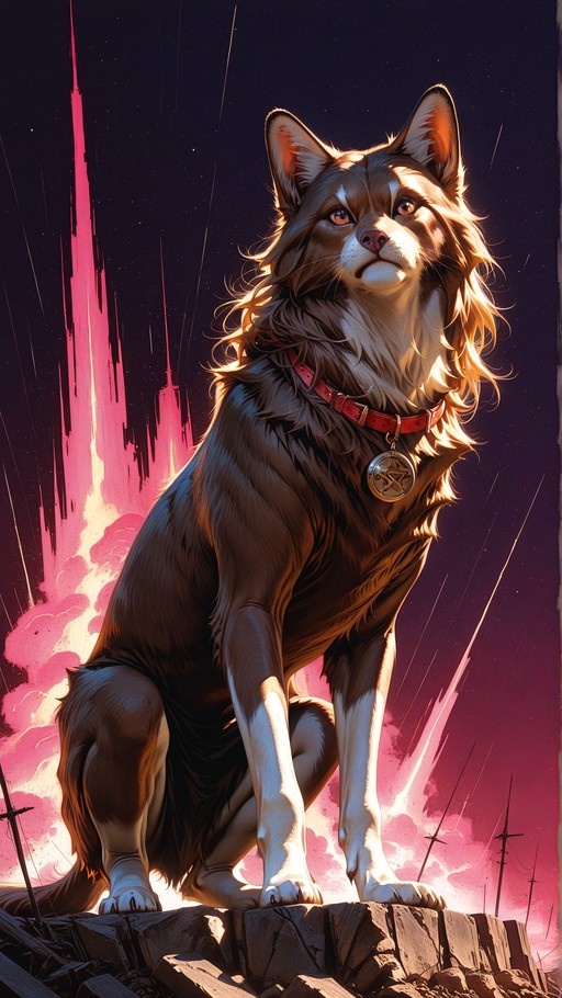 A large fluffy brown and white cat with a red collar and star pendant sits on rubble against a pink and purple starry sky with planted swords.