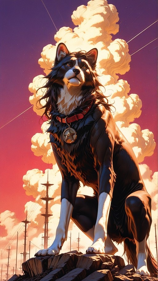 A large black and white dog with long hair sits on rocky debris wearing a red collar with a silver star badge, set against a vibrant sunset sky with large clouds and utility poles.