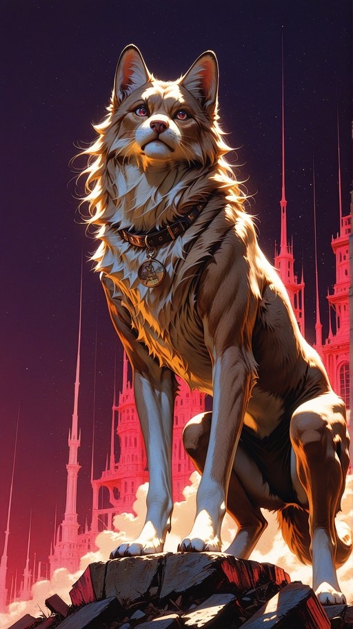 A large brown and white dog with red eyes stands on a pile of rocks looking up at a starry night sky with pink futuristic towers in the background.