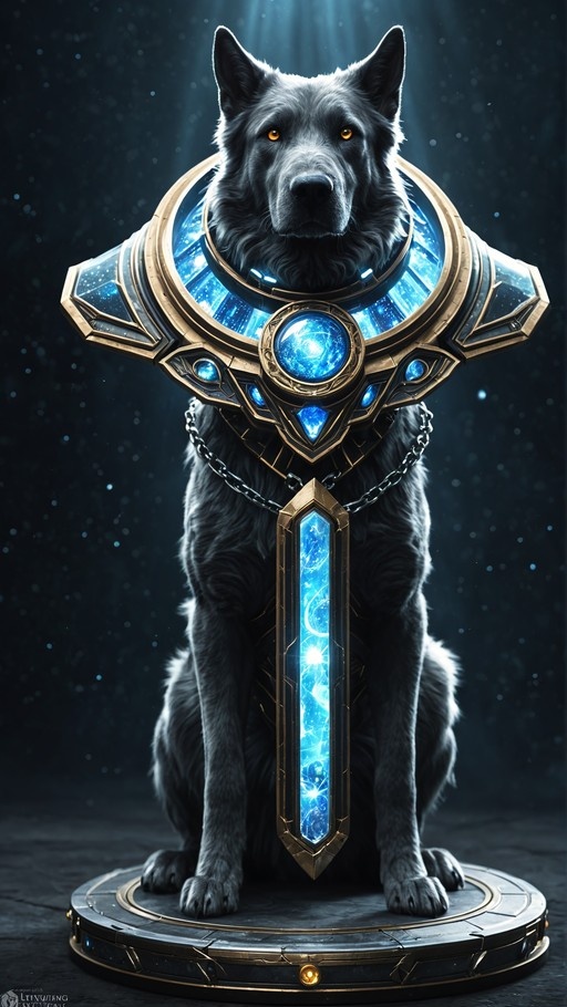 A grey dog wearing elaborate gold and blue glowing armor sits on a pedestal looking forward.