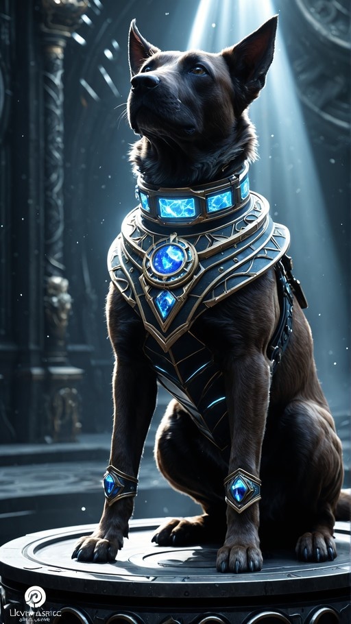 A brown dog sitting on a pedestal wearing ornate gold and blue gemstone armor in a dark hall with dramatic lighting.