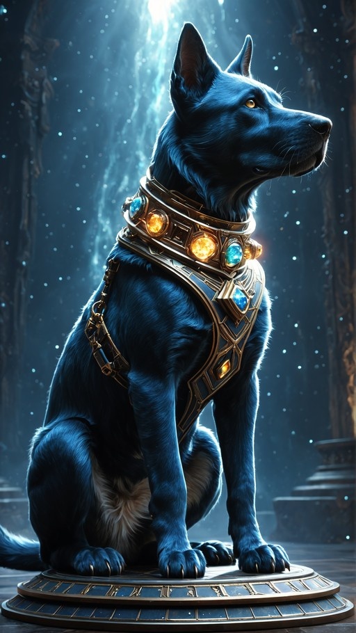 A dark blue dog sitting on a pedestal wearing an ornate golden collar with glowing blue and yellow gems in a misty, light-filled setting.