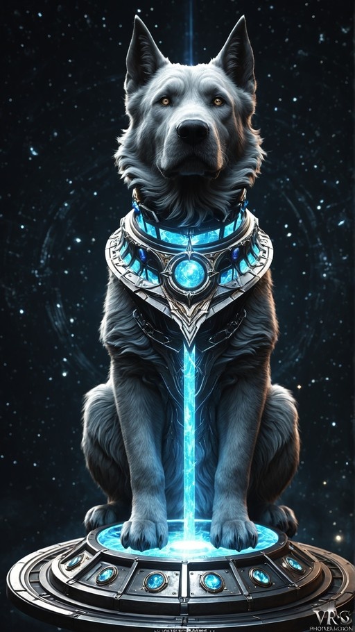 A majestic white dog with yellow eyes sits on a glowing circular platform in deep space, wearing intricate silver armor with bright blue energy cores.