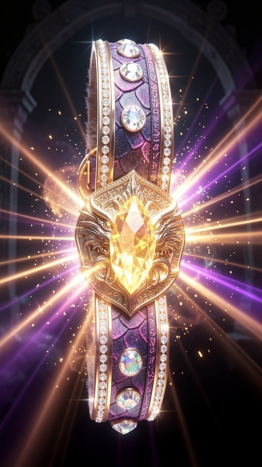 A close-up of a fantasy bracelet with purple scales and gold trim, featuring a large glowing yellow gemstone in the center surrounded by radiating light.