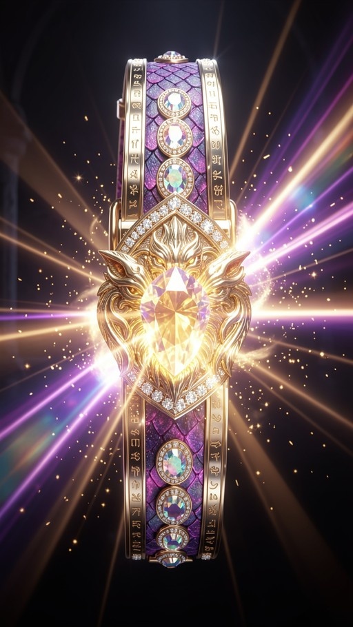 A vertical fantasy gauntlet with purple scales, gold dragon-head frame, and a large glowing yellow gemstone.
