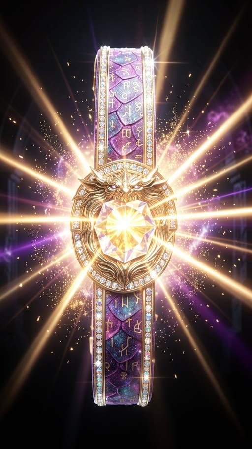 A fantasy championship belt with a purple scaled strap and gold runes, featuring a large golden dragon head buckle holding a glowing yellow diamond that radiates bright light beams.