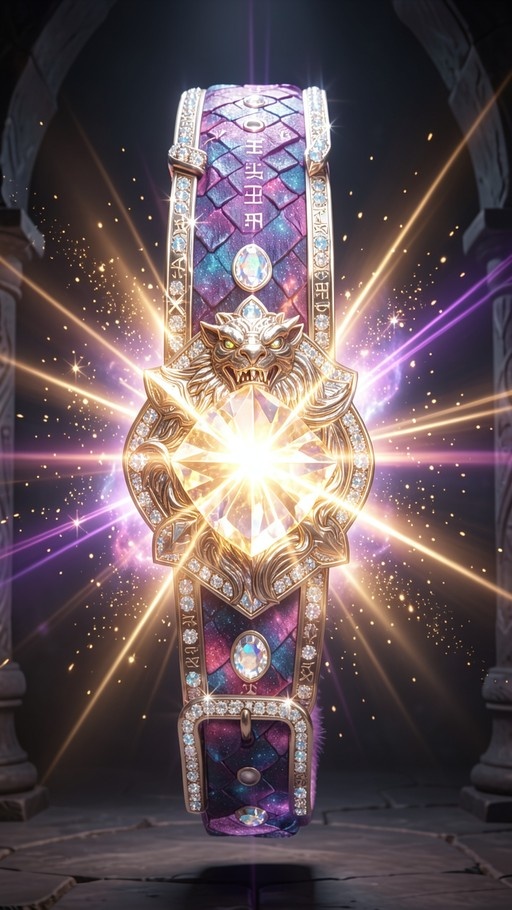 An ornate fantasy belt buckle with a golden lion head and a large glowing crystal set in the center, displayed against a stone archway background.