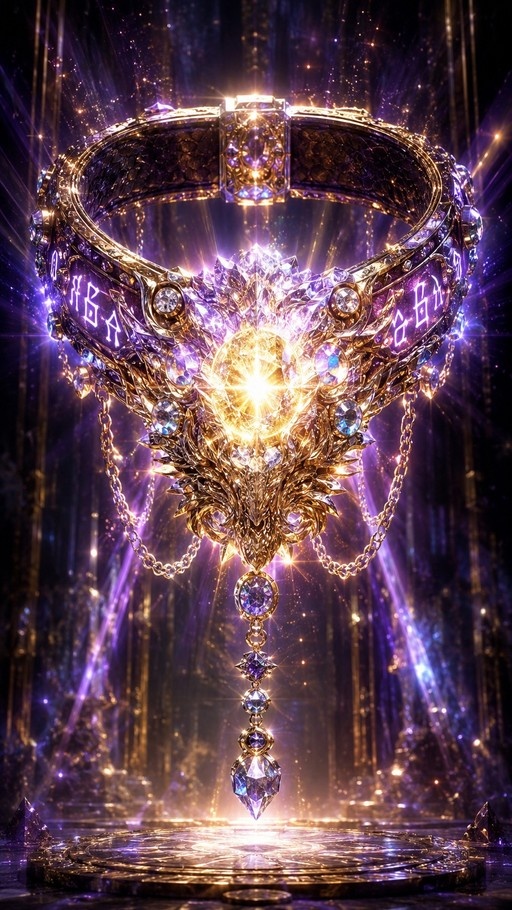 A golden fantasy collar with a glowing central gem and purple stones, featuring chains and a pendant against a background of purple light rays.