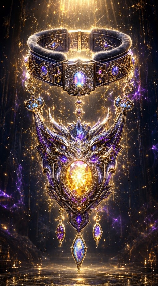 A close-up of a fantasy collar with gold trim and purple gems, featuring a large glowing yellow crystal pendant hanging against a starry night sky.