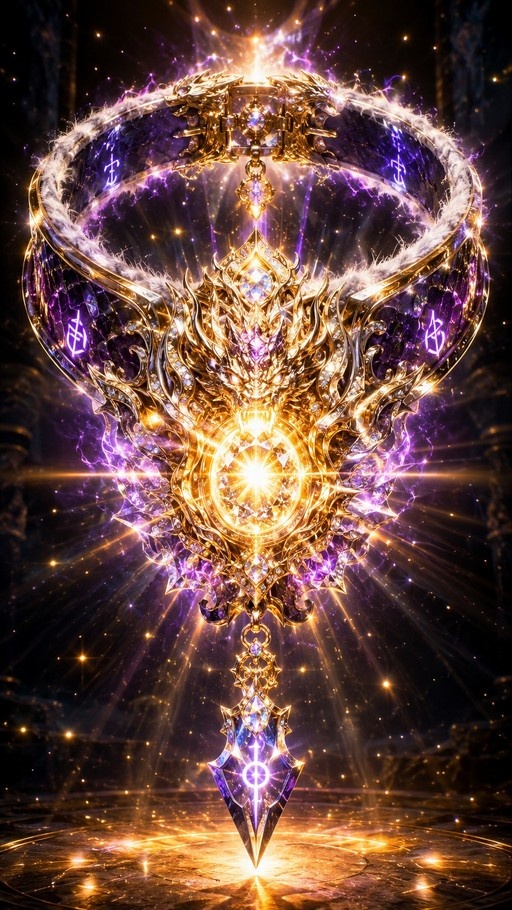 A glowing golden dragon head on a magical artifact with a purple gem and sword blade surrounded by sparkles