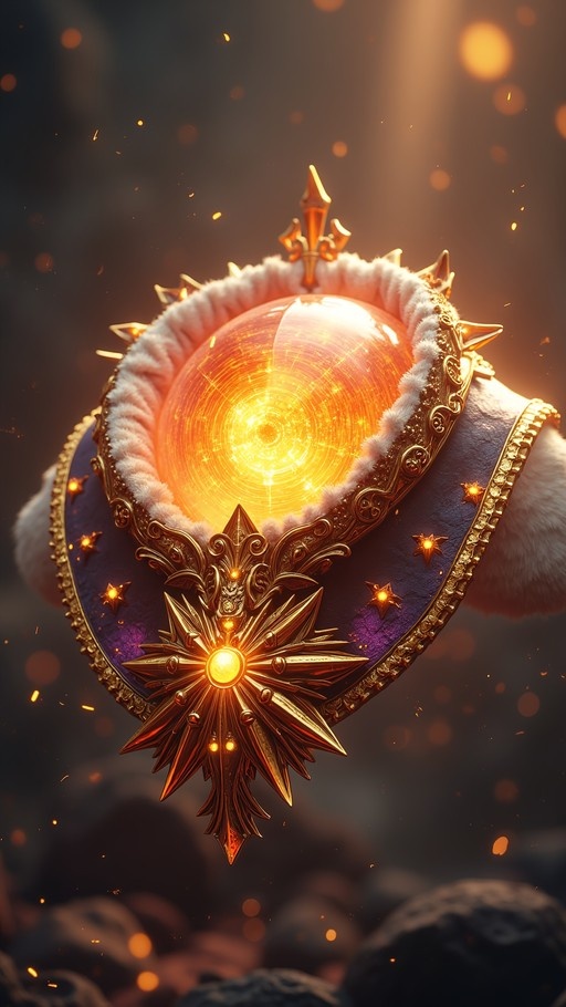 A floating fantasy shield with a glowing central orb, white fur trim, gold spikes, purple background with stars, and a golden starburst emblem.