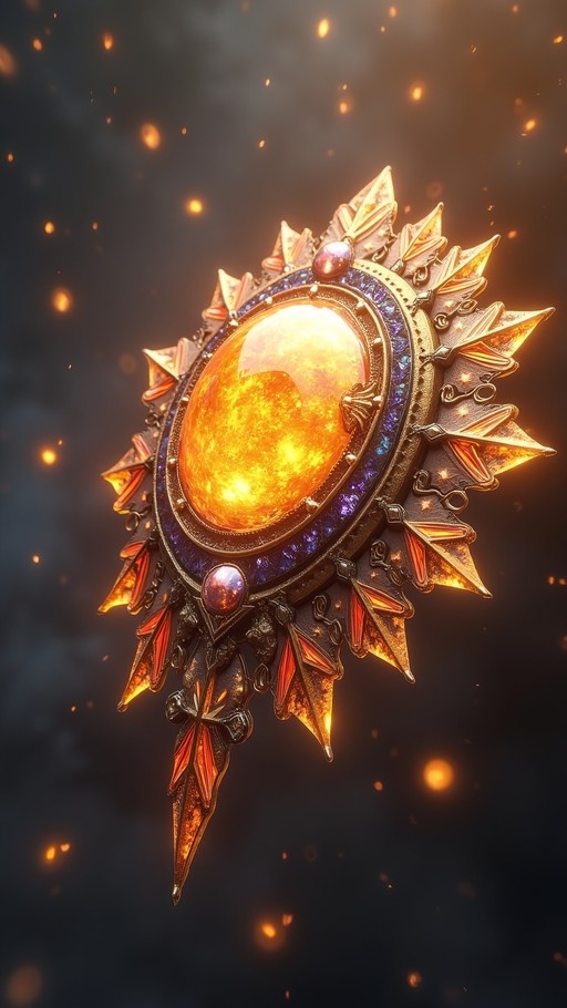 A large, radiant orange gemstone set in an intricate dark metal frame with spiky details floats amidst warm embers.