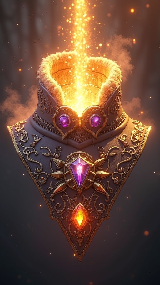 Close-up of a fantasy armor collar with fur trim and glowing golden light, featuring purple gemstones and intricate gold designs on a dark background.