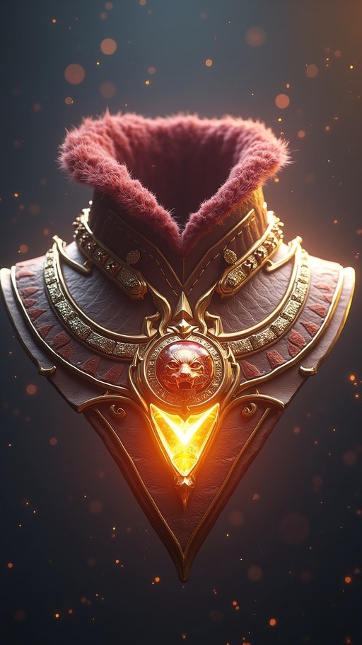Close-up of ornate fantasy armor collar with gold trim, fur lining, and a central glowing yellow gem below a beast face medallion.