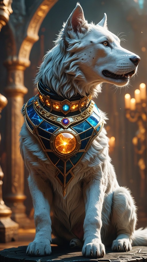 A majestic white wolf sits in profile wearing an ornate blue and gold collar featuring glowing gemstones.