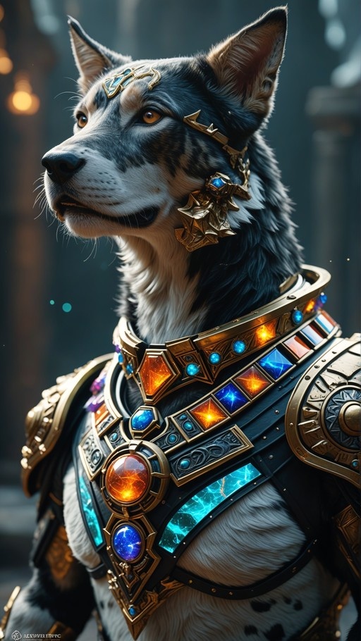 A close-up portrait of a grey and white wolf-dog wearing elaborate golden armor with large glowing blue and orange crystals, set against a blurred background.