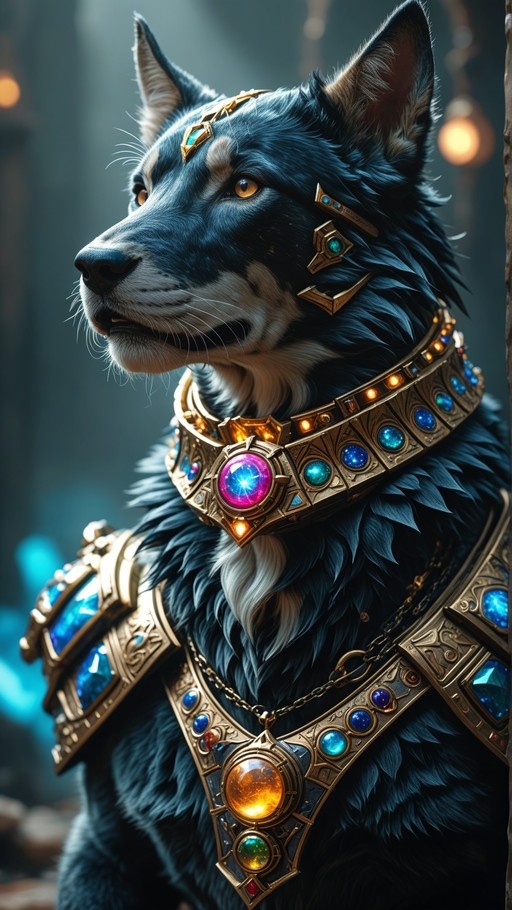 A majestic wolf-like creature with dark blue fur wearing elaborate golden armor featuring a jeweled collar with glowing gems.