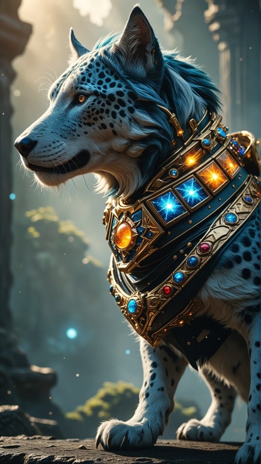 A side profile of a white and blue-spotted wolf standing in sunlight, wearing an elaborate gold collar with glowing multicolored gems against a backdrop of stone ruins.