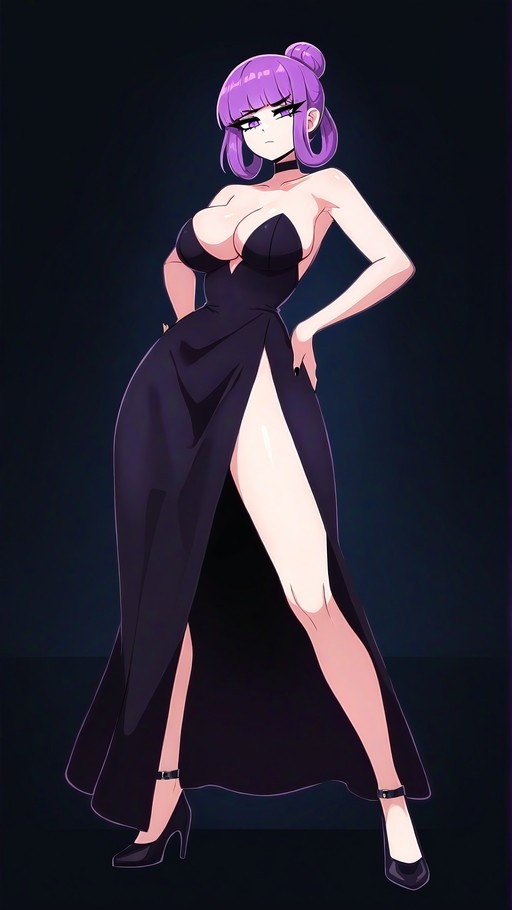 Patchouli Knowledge with purple hair in a bun wearing a strapless black gown with a high leg slit and black heels.