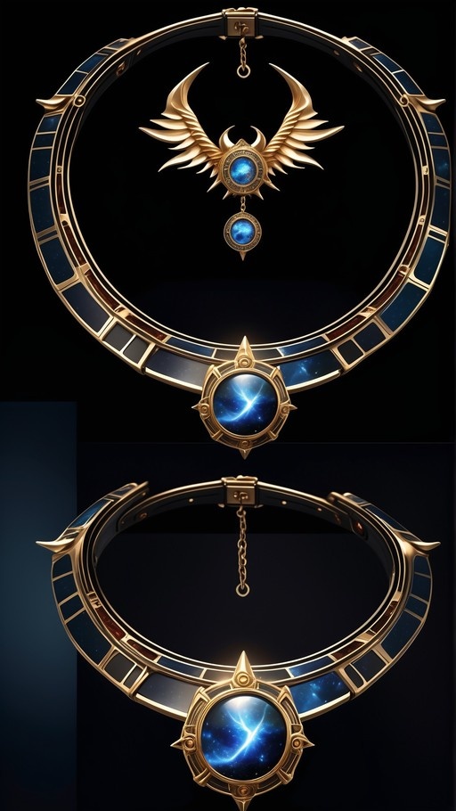 An ornate golden fantasy choker necklace with blue inlays and a large central pendant showing a swirling galaxy, accompanied by a smaller winged hanging charm against a dark background.