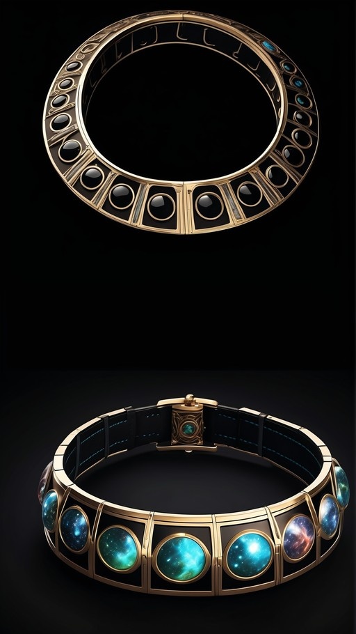 A close-up view of a gold and black bangle bracelet featuring large round gems with swirling blue and teal galaxy patterns set against a dark background.