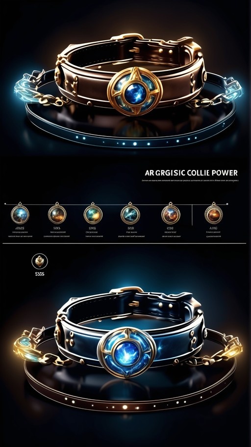 A dark leather fantasy collar with gold trim and a central glowing blue gemstone resembling a galaxy, resting on a reflective disc against a black background.