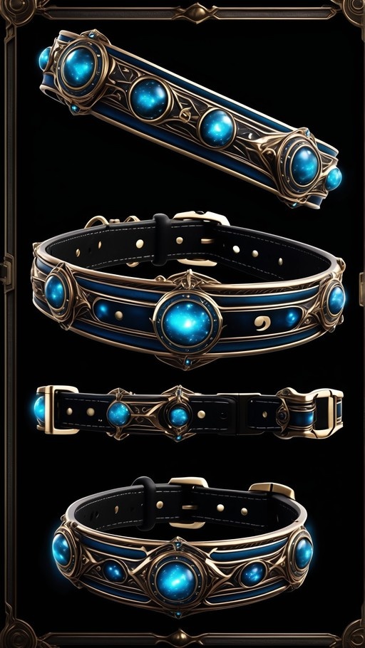 Digital illustration of an ornate fantasy belt with black leather and gold metalwork featuring large glowing blue gemstones, shown in four views against a dark background.
