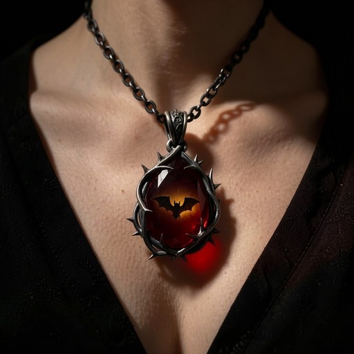 A close-up of a person wearing a gothic necklace with a large red teardrop gem containing a bat silhouette, framed by spiky metal thorns.