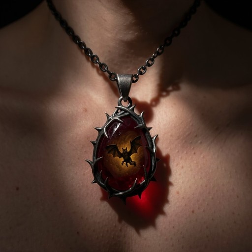 Close-up of a gothic bat pendant necklace on skin. The red oval stone contains a bat flying before a moon, surrounded by a spiked metal frame and hanging from a dark chain.