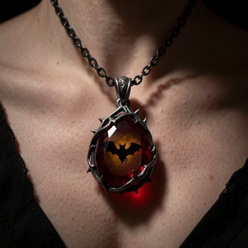 Close-up of a gothic necklace with a red gemstone pendant featuring a bat silhouette inside a thorny metal frame.