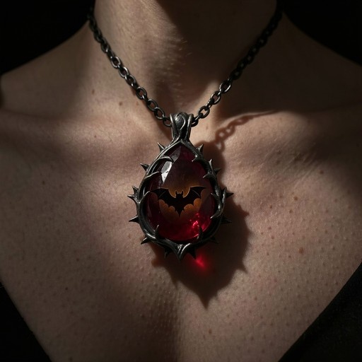 Close-up of a gothic necklace featuring a large red teardrop gemstone with a black bat silhouette, encased in a spiky dark metal frame resting on skin.