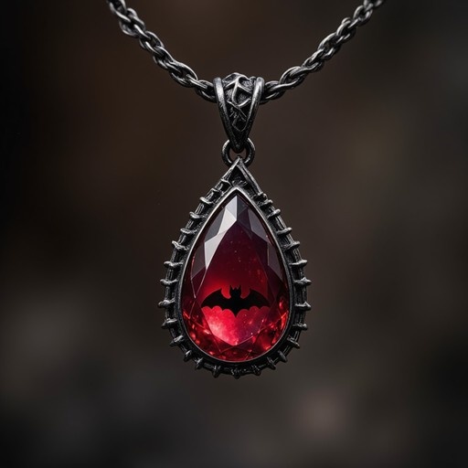 A gothic pendant necklace with a red teardrop gemstone set in a spiky metal frame containing a black bat silhouette.