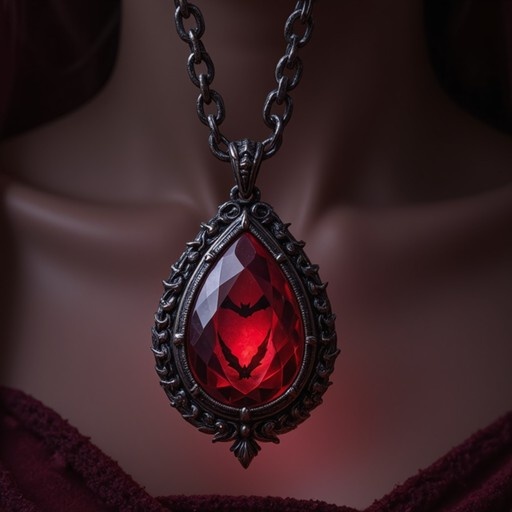 A close-up of an ornate silver necklace with a large teardrop-shaped red gem containing silhouettes of flying bats, worn against skin and a maroon garment.
