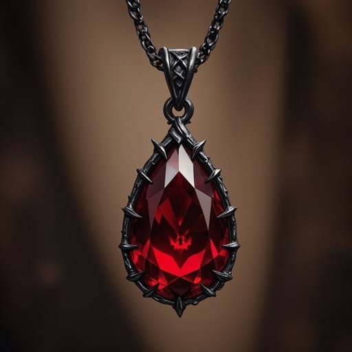 A close-up of a gothic-style pendant featuring a large faceted red gemstone encased in a spiky black metal frame hanging from a dark chain against a blurred brown background.