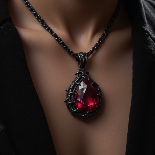 A close-up of a dark-skinned man wearing an ornate black chain necklace with a large faceted red teardrop gemstone pendant set in a thorny metal frame.