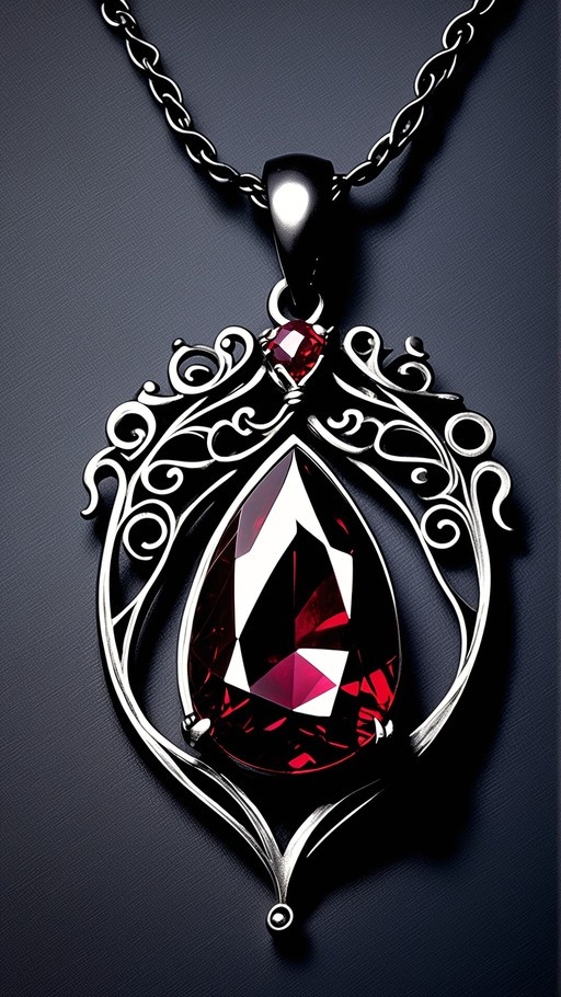 A close-up of an ornate silver pendant necklace featuring a large faceted red gemstone and intricate scrollwork, hanging from a twisted black chain against a dark background.