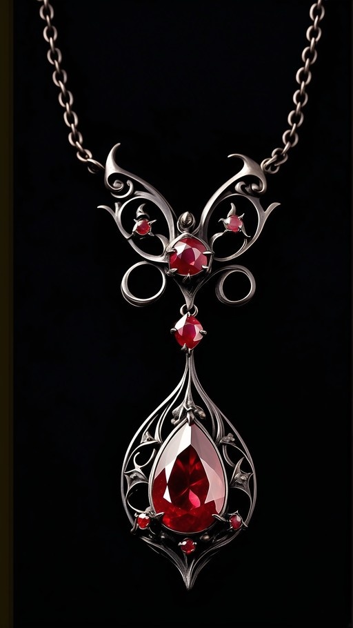 An ornate silver necklace with a large red teardrop gemstone and smaller rubies set in intricate filigree against a black background.