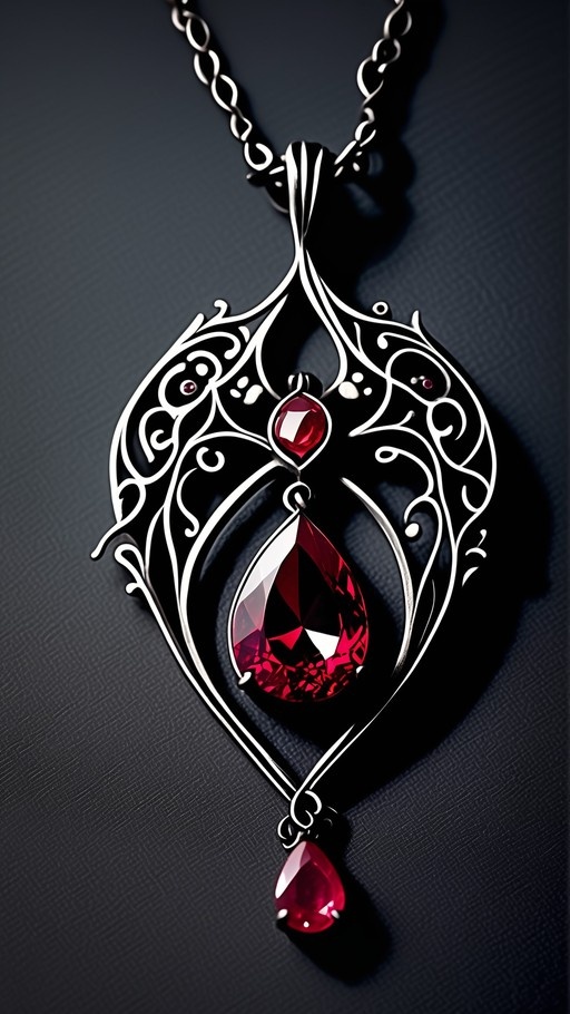 A close-up view of an ornate silver pendant necklace featuring a large faceted red gemstone surrounded by intricate metal filigree against a dark background.