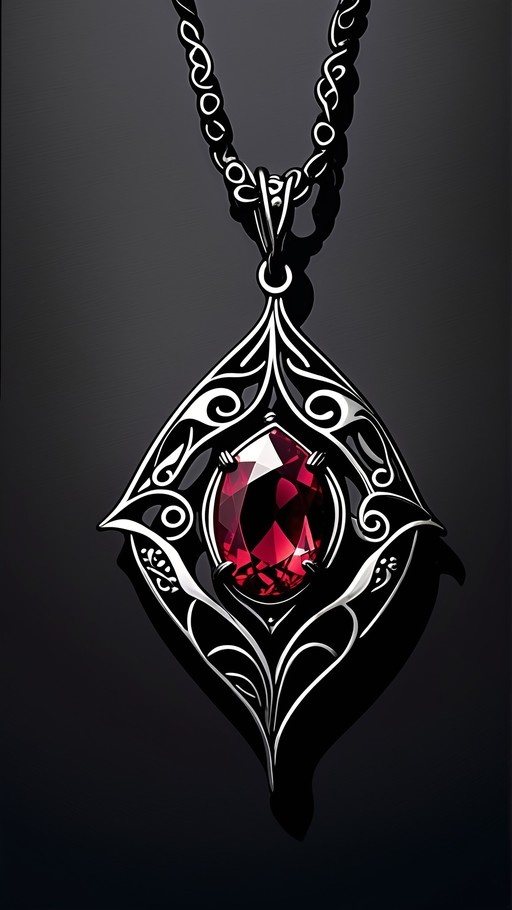 A stylized digital rendering of a large red gemstone pendant with intricate silver swirls on a black frame, hanging from a twisted chain against a dark grey background.